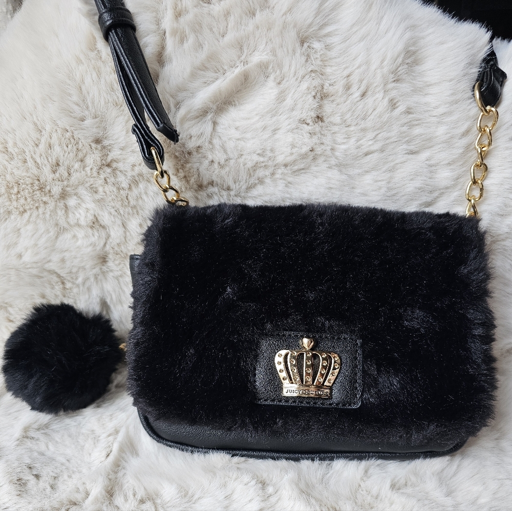 Juicy Couture Black Faux Fur Crossbody Bag with Gold Crown Accent